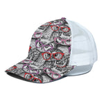 Owl With Glasses Pattern Print White Mesh Trucker Cap