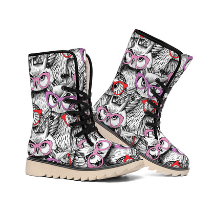 Owl With Glasses Pattern Print Winter Boots