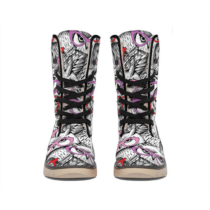 Owl With Glasses Pattern Print Winter Boots