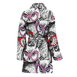 Owl With Glasses Pattern Print Women's Bathrobe