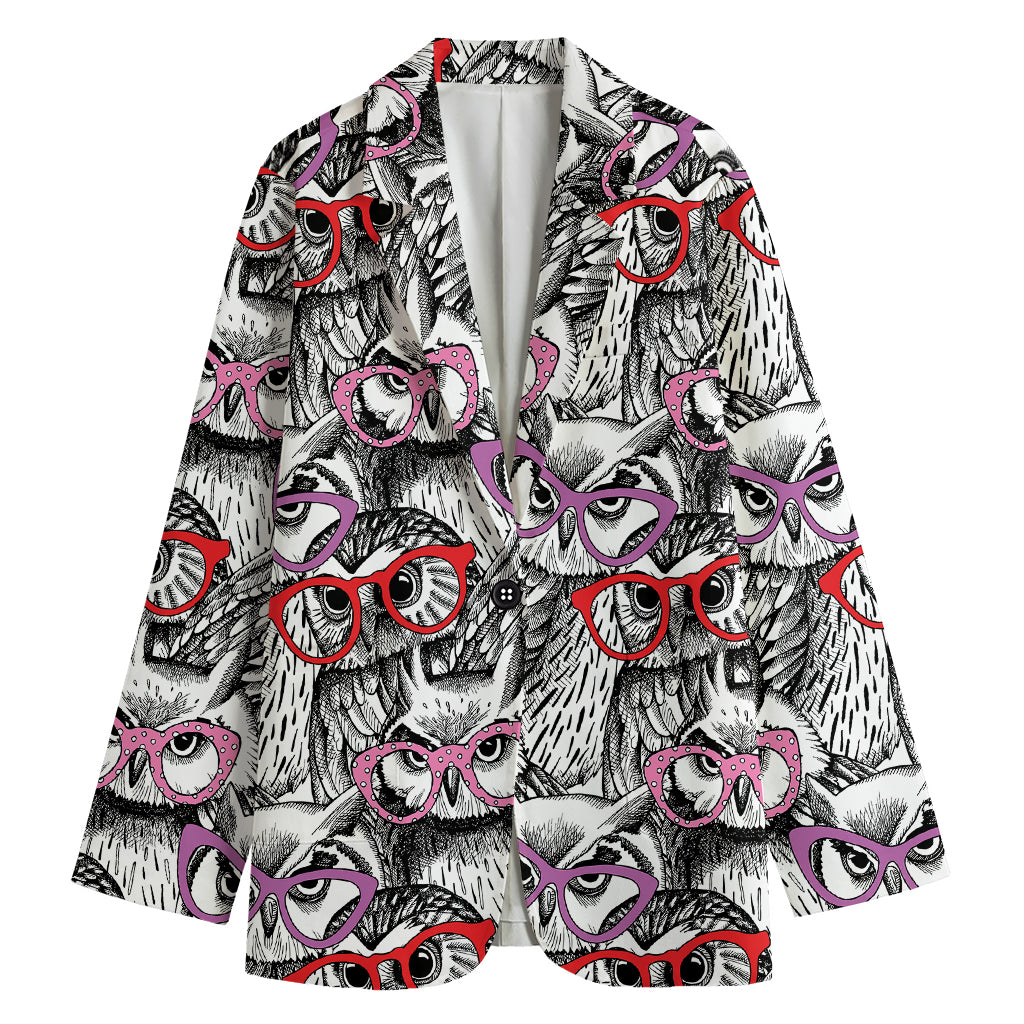 Owl With Glasses Pattern Print Women's Blazer
