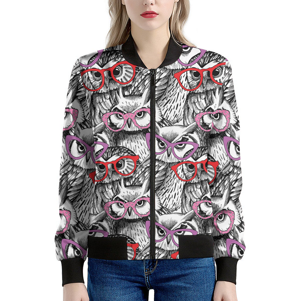 Owl With Glasses Pattern Print Women's Bomber Jacket