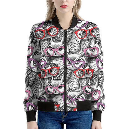 Owl With Glasses Pattern Print Women's Bomber Jacket