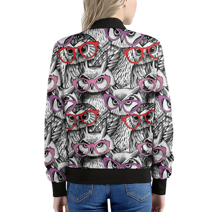 Owl With Glasses Pattern Print Women's Bomber Jacket