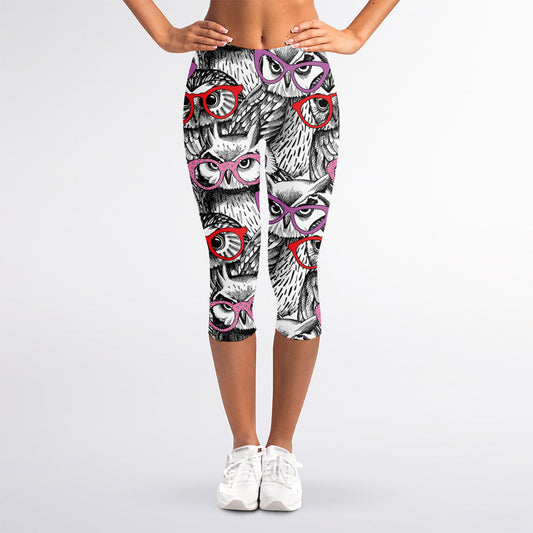 Owl With Glasses Pattern Print Women's Capri Leggings