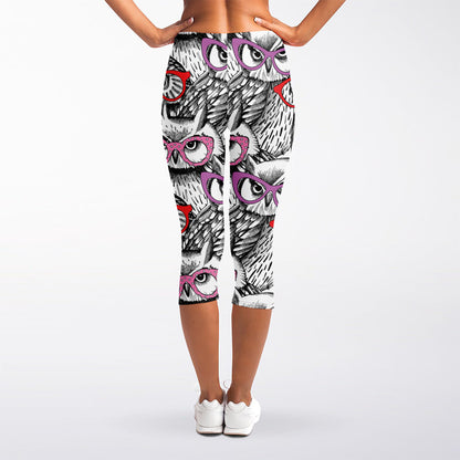 Owl With Glasses Pattern Print Women's Capri Leggings