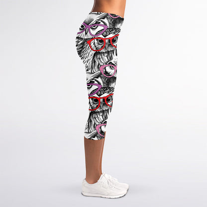 Owl With Glasses Pattern Print Women's Capri Leggings