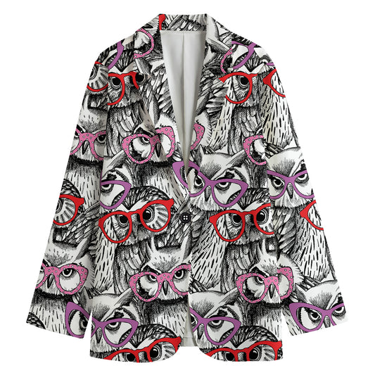 Owl With Glasses Pattern Print Women's Cotton Blazer