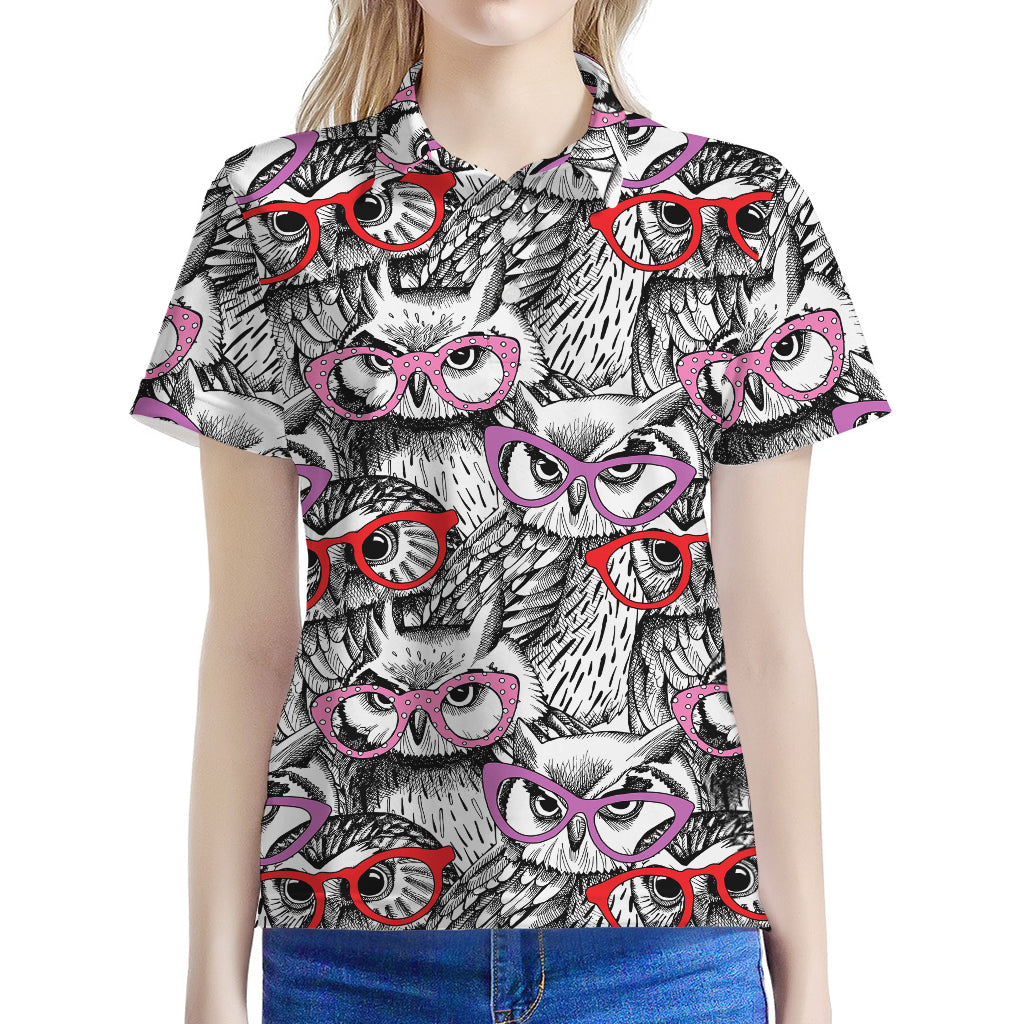 Owl With Glasses Pattern Print Women's Polo Shirt