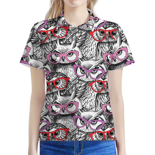 Owl With Glasses Pattern Print Women's Polo Shirt