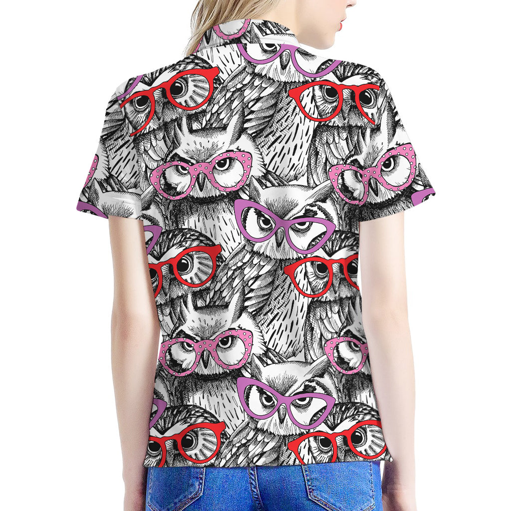 Owl With Glasses Pattern Print Women's Polo Shirt