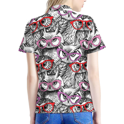 Owl With Glasses Pattern Print Women's Polo Shirt