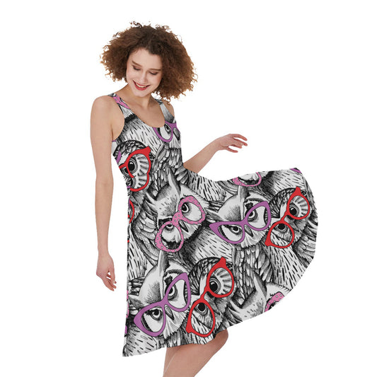Owl With Glasses Pattern Print Women's Sleeveless Dress
