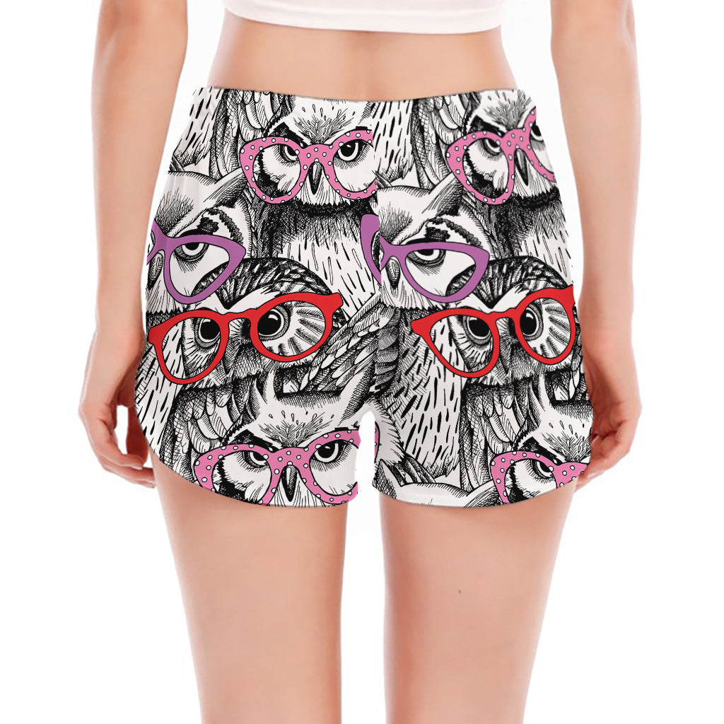 Owl With Glasses Pattern Print Women's Split Running Shorts