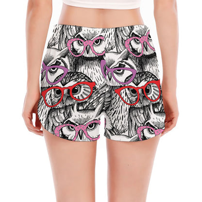 Owl With Glasses Pattern Print Women's Split Running Shorts