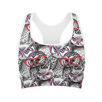 Owl With Glasses Pattern Print Women's Sports Bra