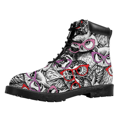 Owl With Glasses Pattern Print Work Boots