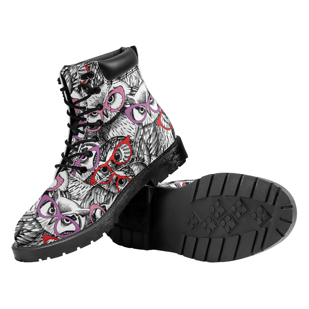 Owl With Glasses Pattern Print Work Boots
