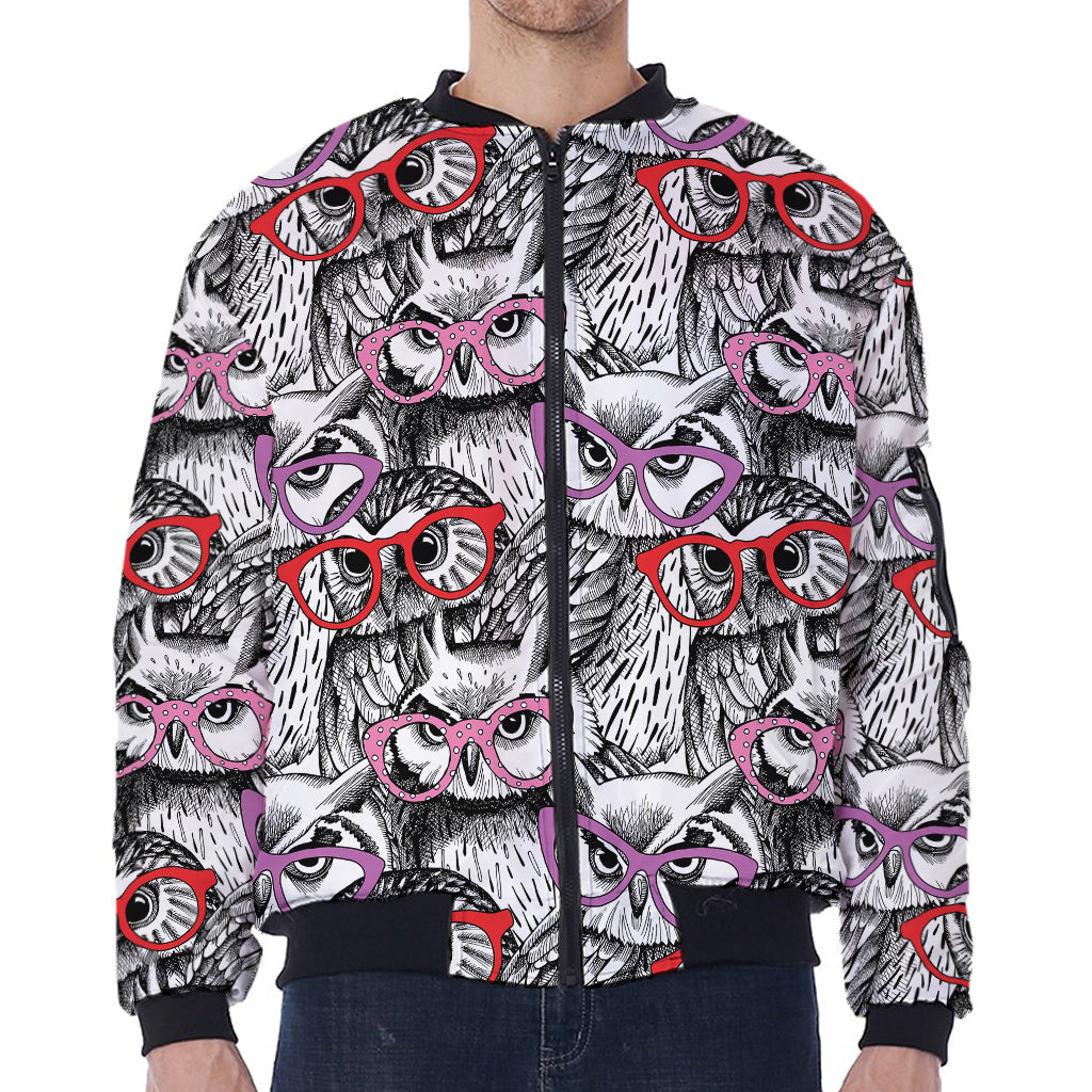 Owl With Glasses Pattern Print Zip Sleeve Bomber Jacket
