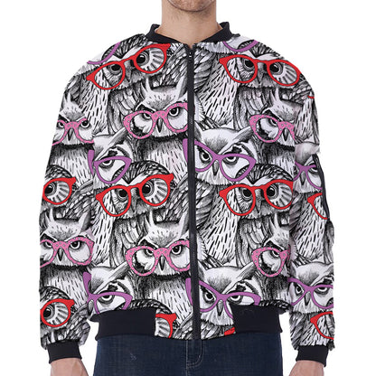 Owl With Glasses Pattern Print Zip Sleeve Bomber Jacket