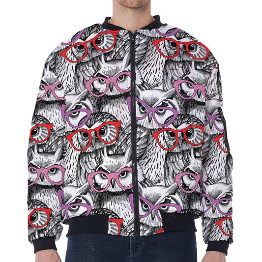 Owl With Glasses Pattern Print Zip Sleeve Bomber Jacket