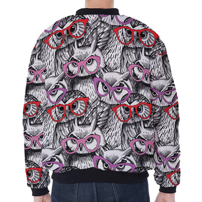 Owl With Glasses Pattern Print Zip Sleeve Bomber Jacket