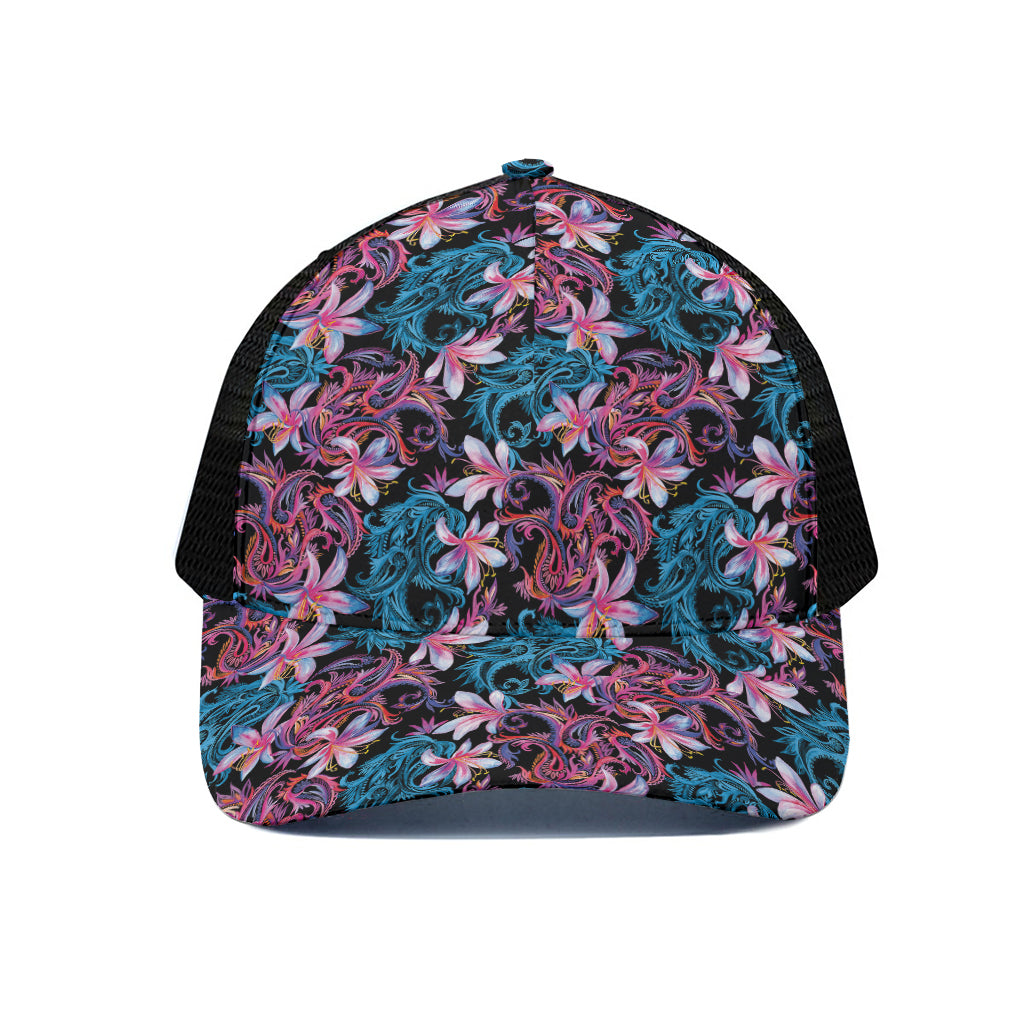 Paisley And Floral Pattern Print Black Mesh Trucker Cap