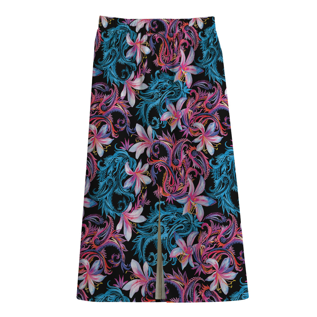 Paisley And Floral Pattern Print Cotton Front Slit Maxi Skirt