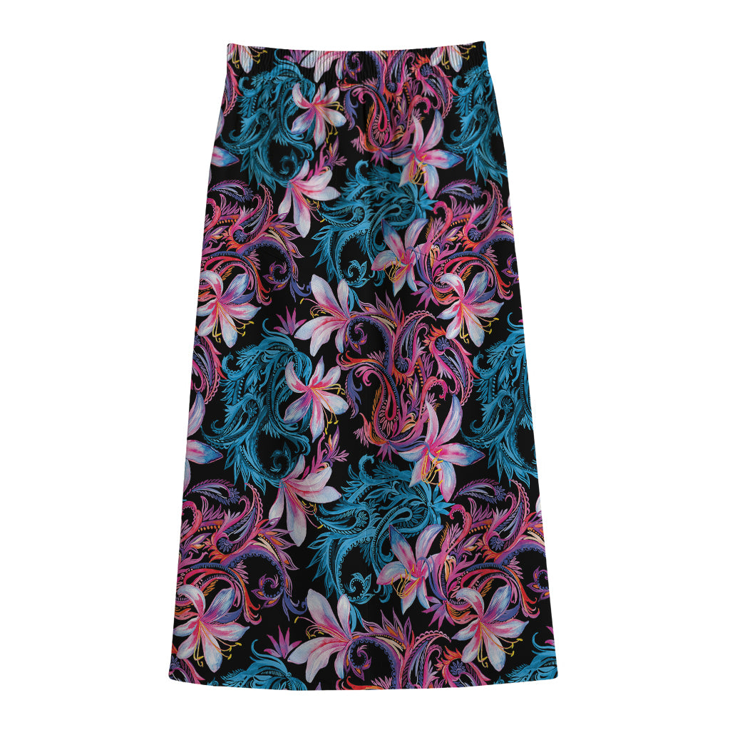 Paisley And Floral Pattern Print Cotton Front Slit Maxi Skirt