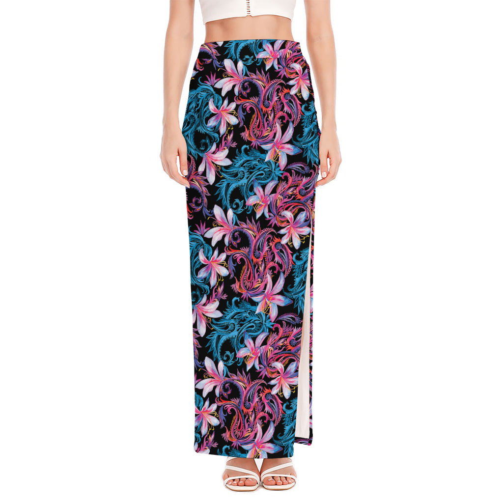 Paisley And Floral Pattern Print High Slit Maxi Skirt