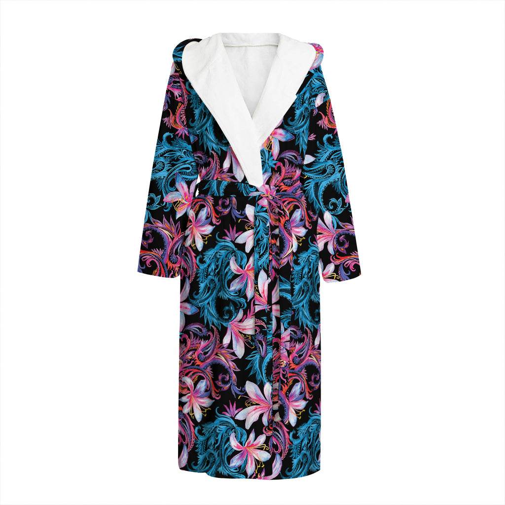 Paisley And Floral Pattern Print Hooded Bathrobe