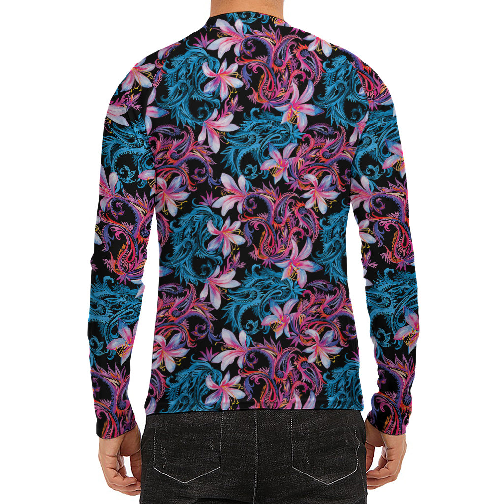 Paisley And Floral Pattern Print Men's Long Sleeve Rash Guard