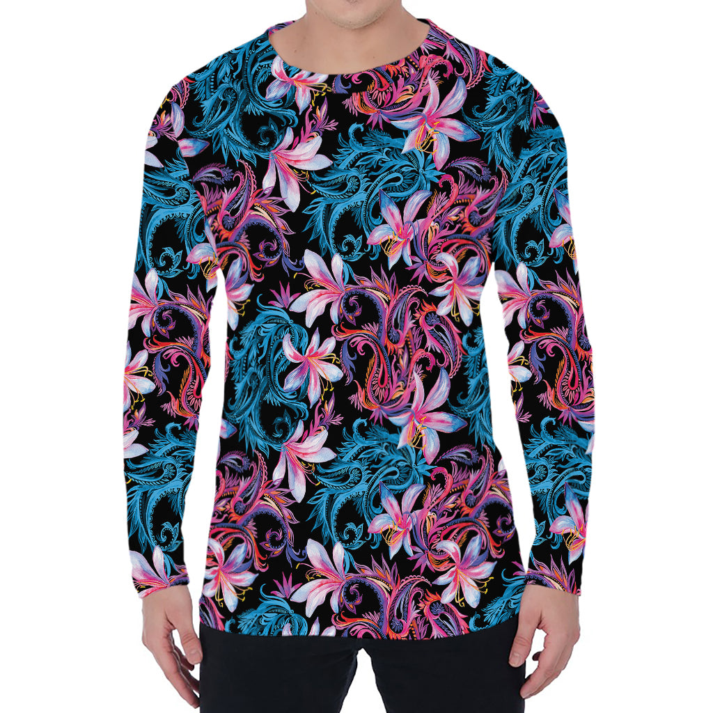 Paisley And Floral Pattern Print Men's Long Sleeve T-Shirt