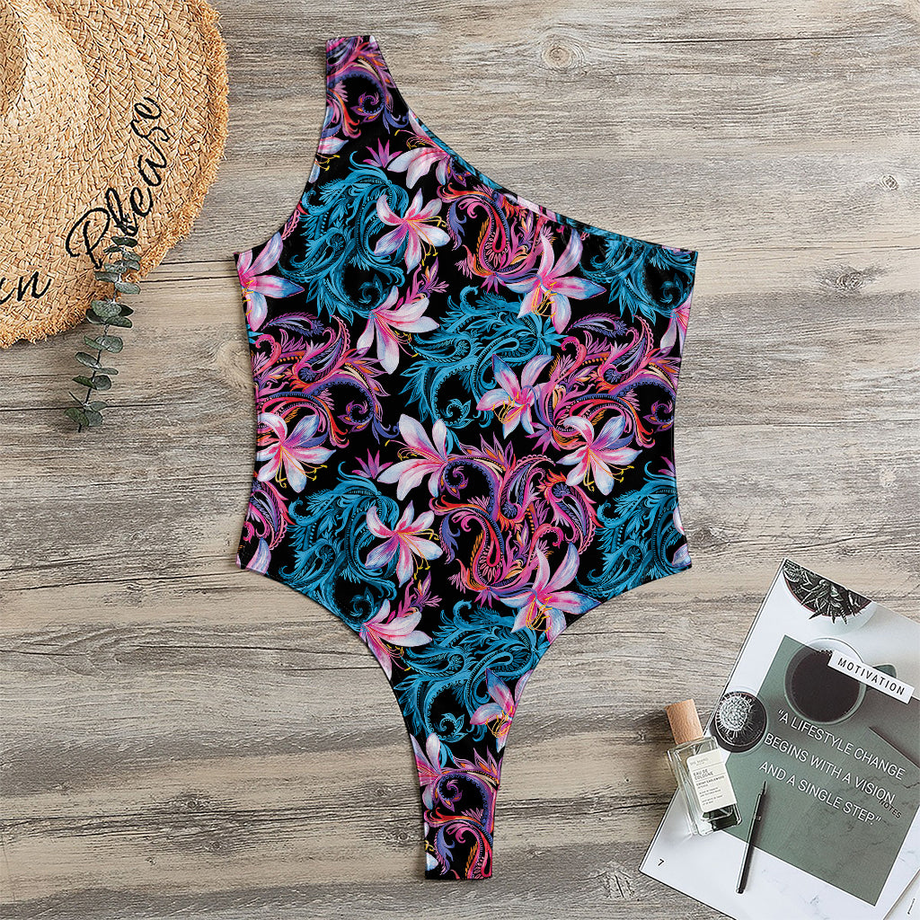 Paisley And Floral Pattern Print One Shoulder Bodysuit