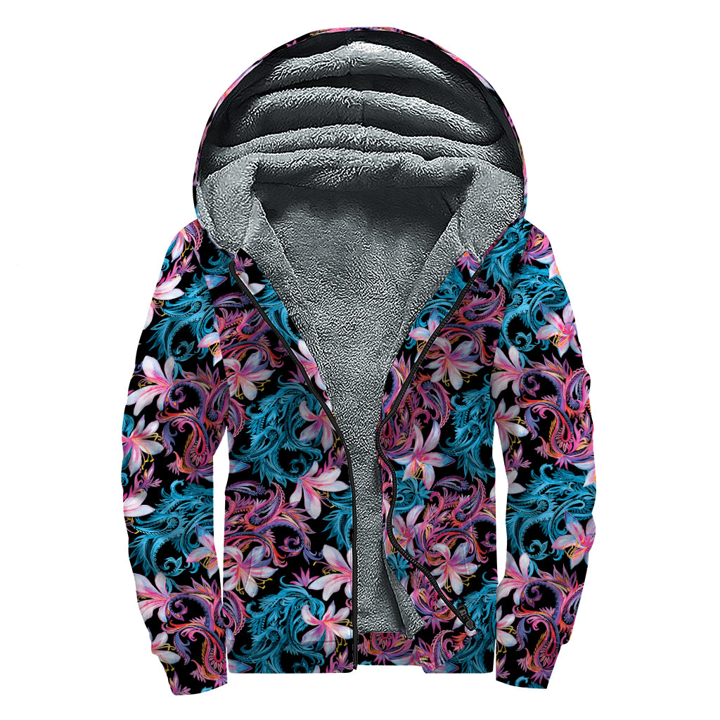 Paisley And Floral Pattern Print Sherpa Lined Zip Up Hoodie