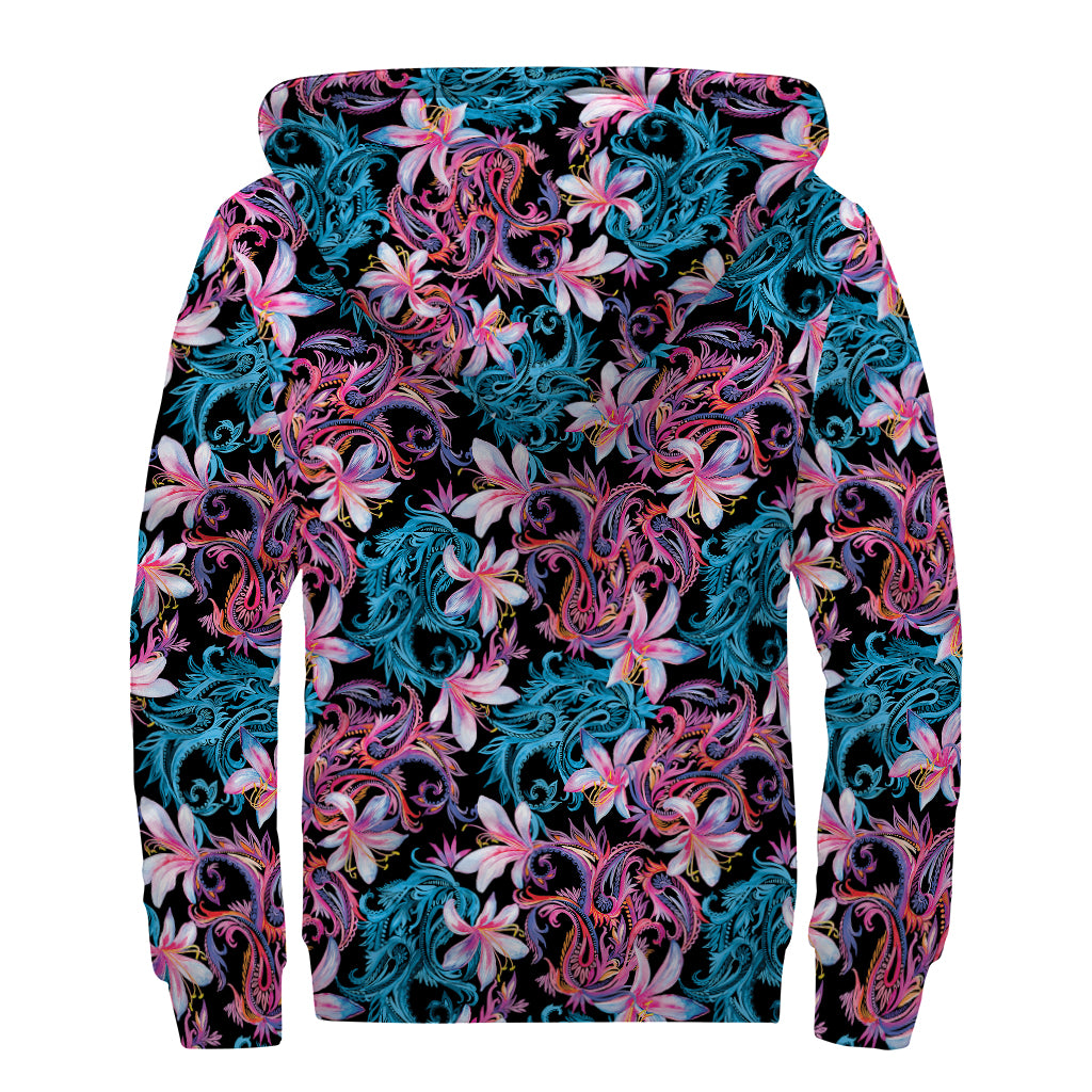 Paisley And Floral Pattern Print Sherpa Lined Zip Up Hoodie