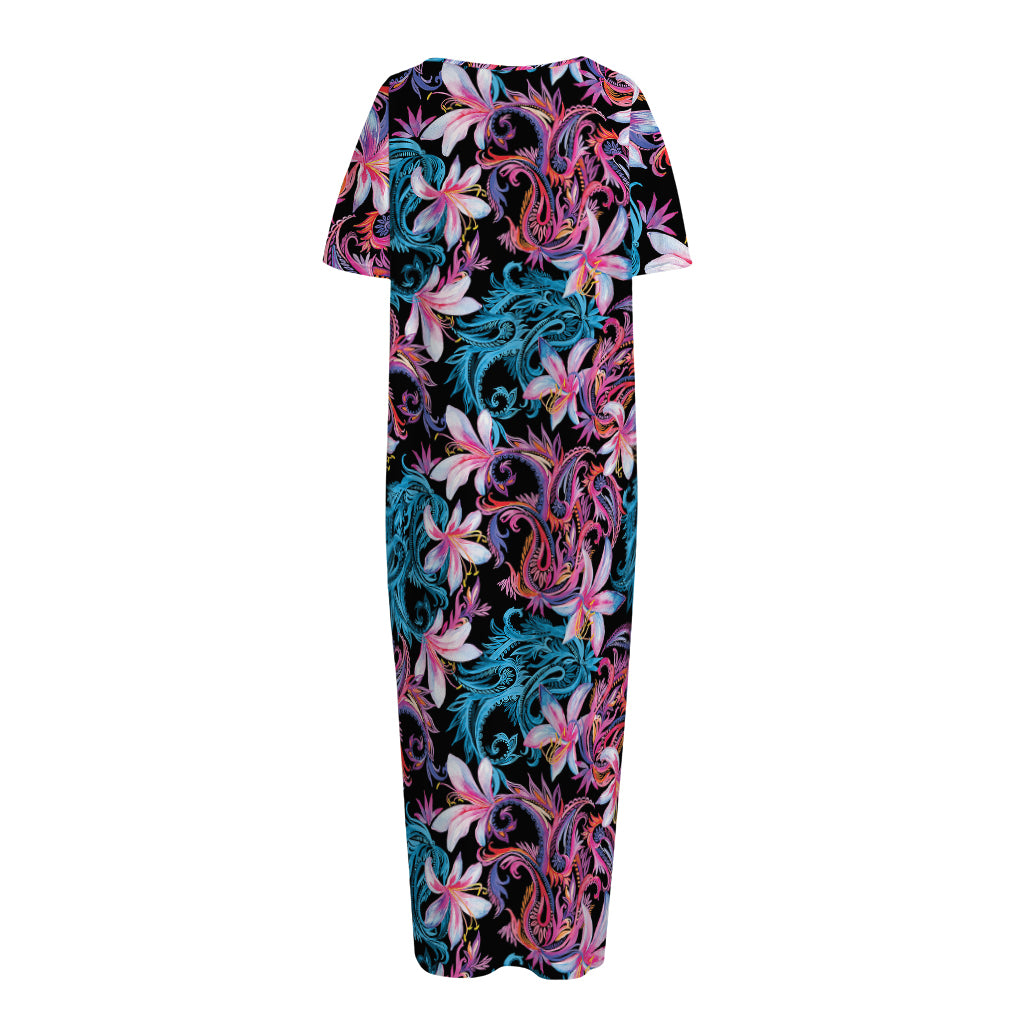 Paisley And Floral Pattern Print Short Sleeve Long Nightdress