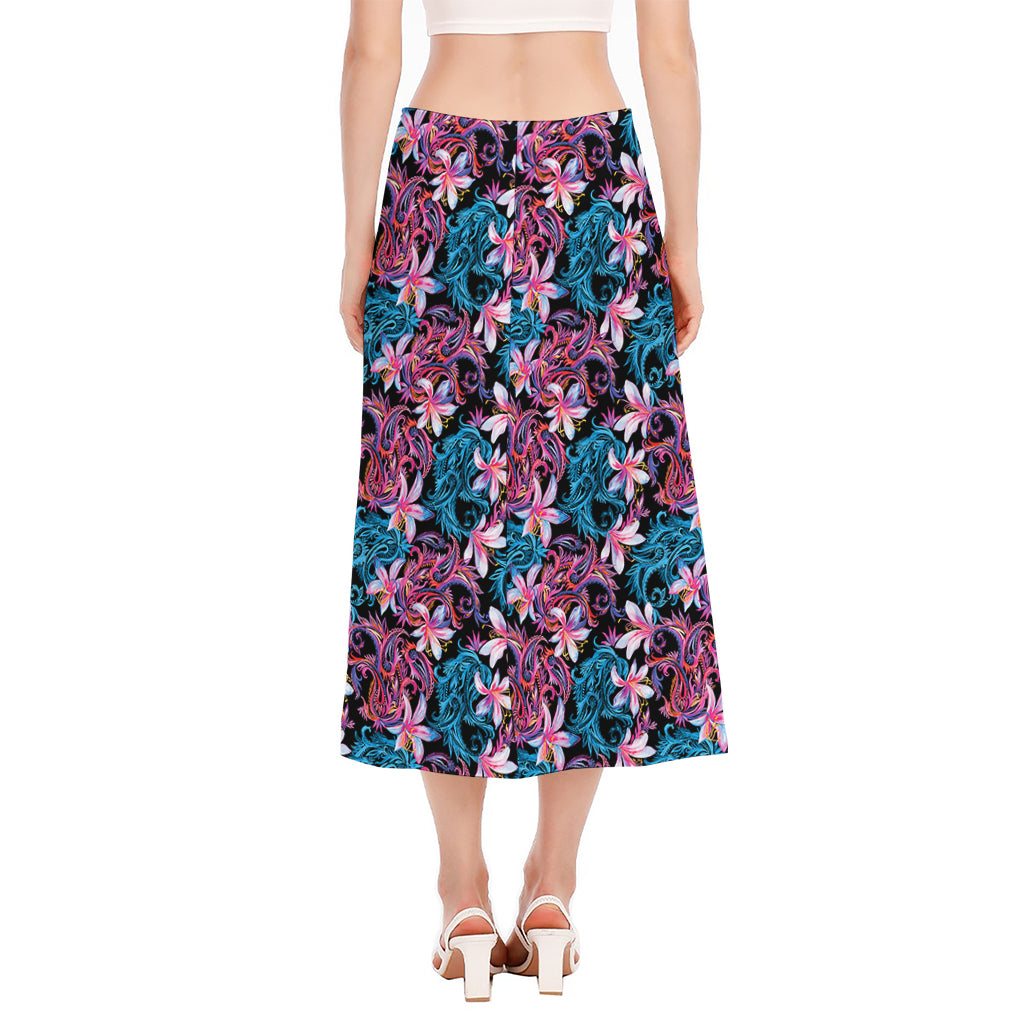Paisley And Floral Pattern Print Side Slit Midi Skirt