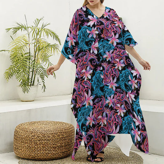 Paisley And Floral Pattern Print Silk V-Neck Kaftan Dress