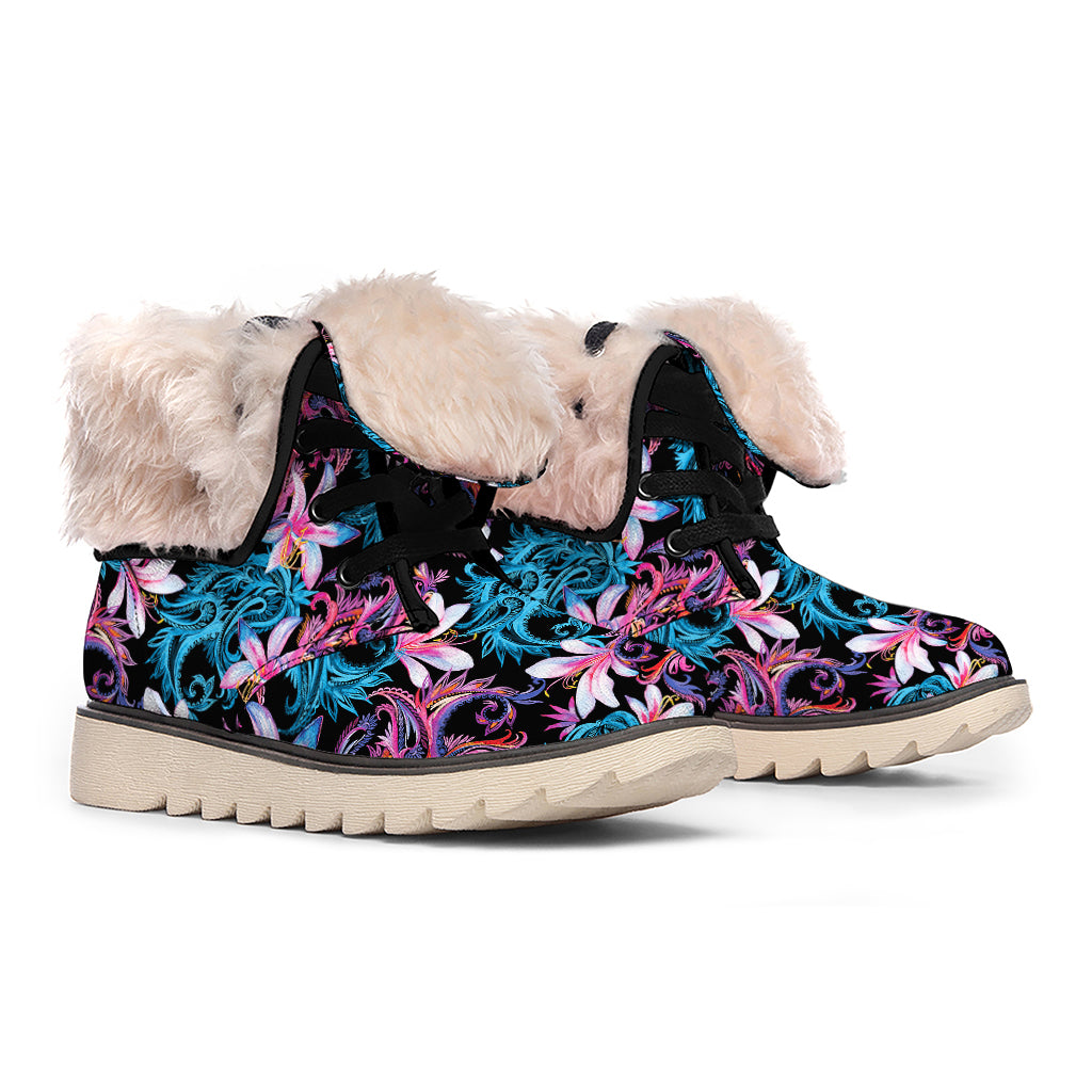 Paisley And Floral Pattern Print Winter Boots