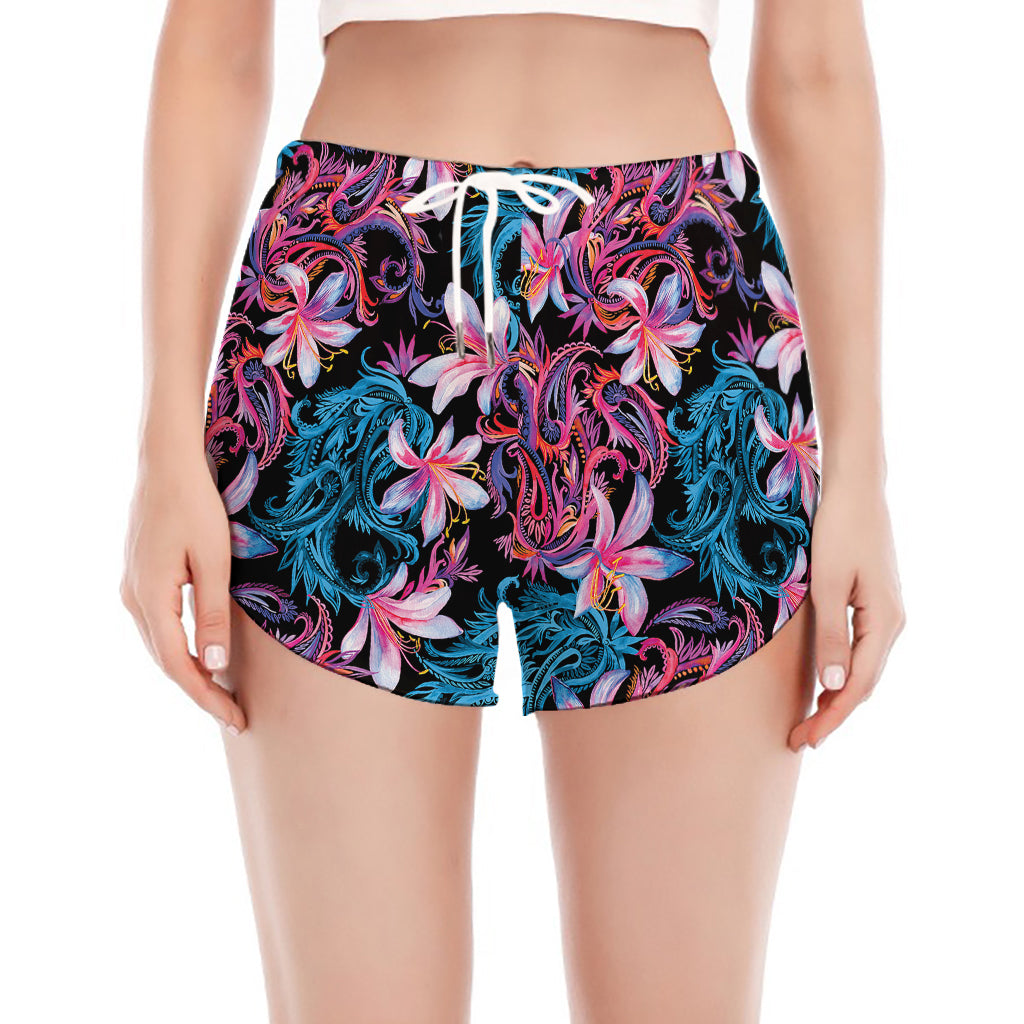Paisley And Floral Pattern Print Women's Split Running Shorts
