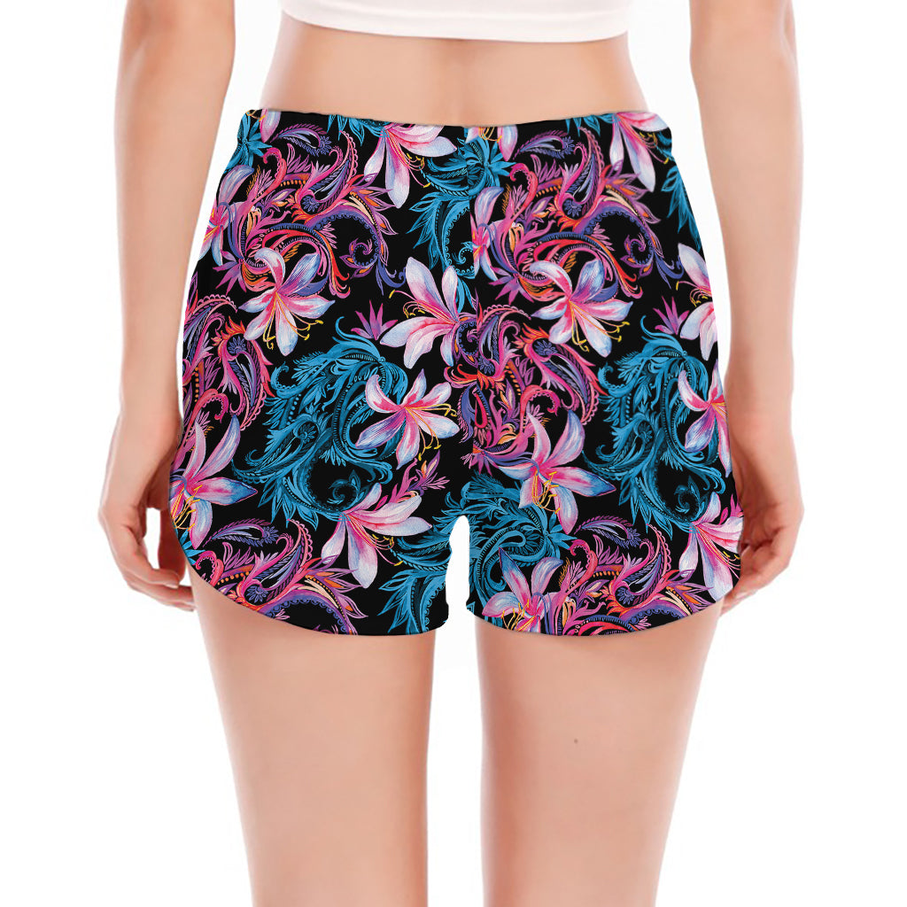 Paisley And Floral Pattern Print Women's Split Running Shorts