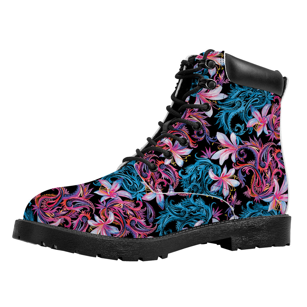 Paisley And Floral Pattern Print Work Boots