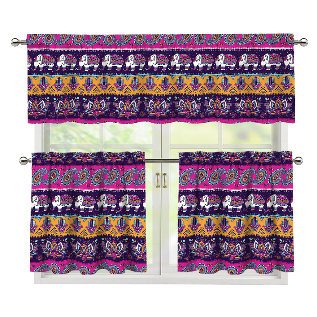 Paisley Elephant Hamsa Pattern Print 3 Piece Kitchen Curtains