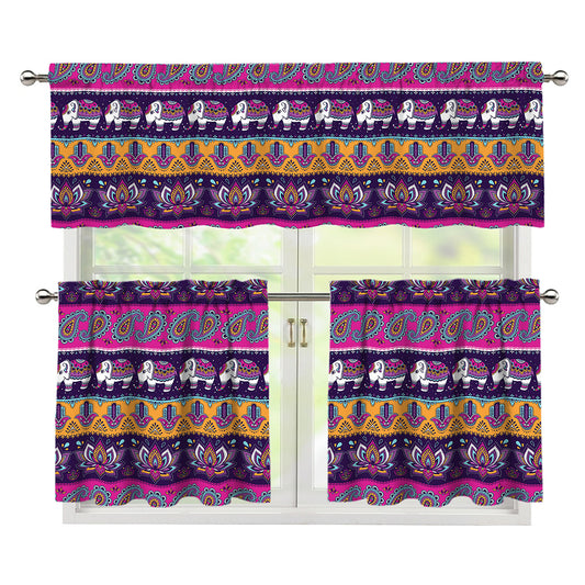 Paisley Elephant Hamsa Pattern Print 3 Piece Kitchen Curtains
