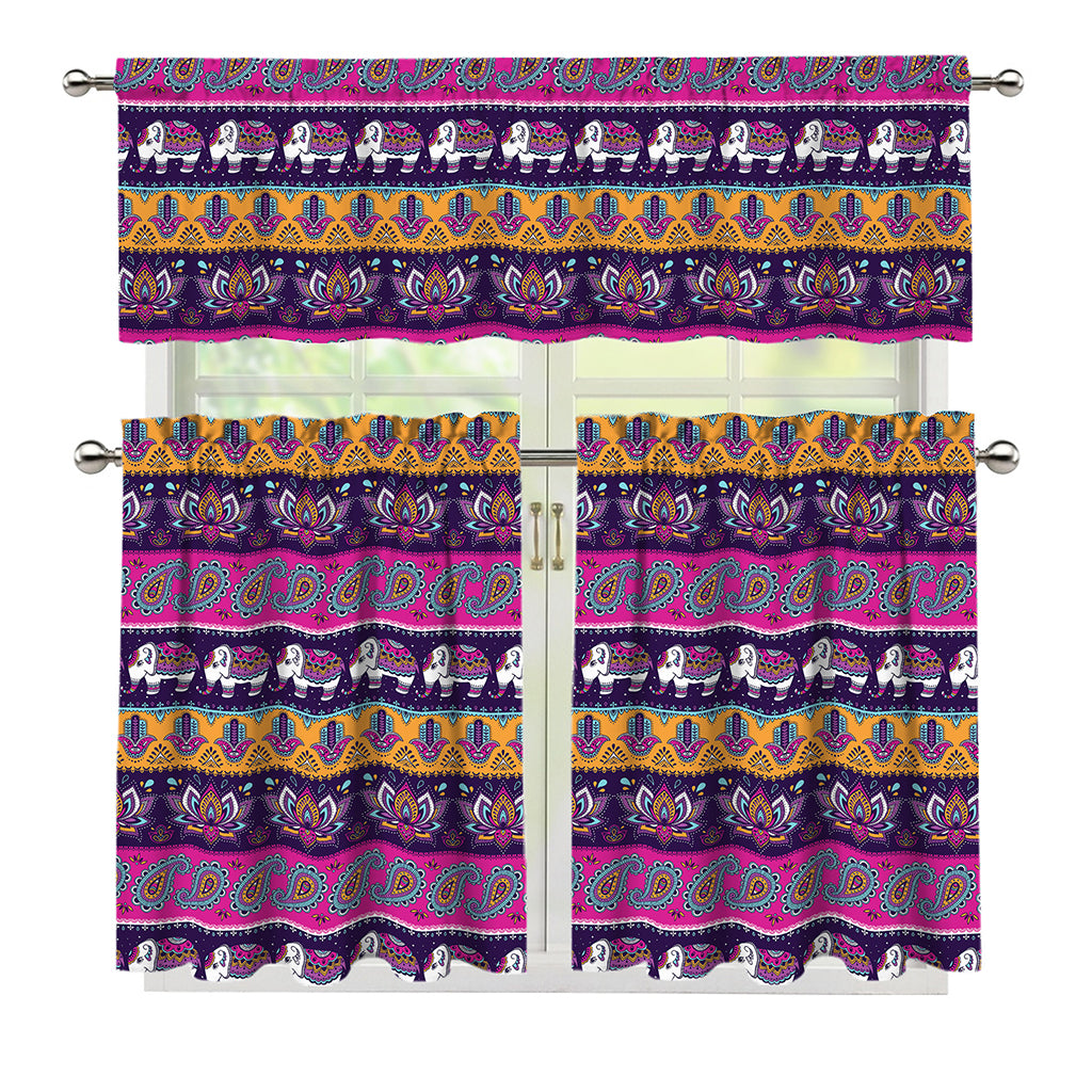 Paisley Elephant Hamsa Pattern Print 3 Piece Kitchen Curtains