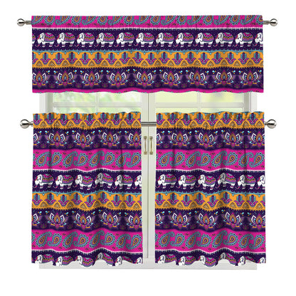 Paisley Elephant Hamsa Pattern Print 3 Piece Kitchen Curtains