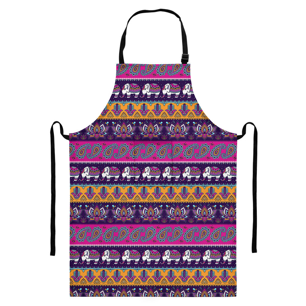 Paisley Elephant Hamsa Pattern Print Bib Apron With Pocket