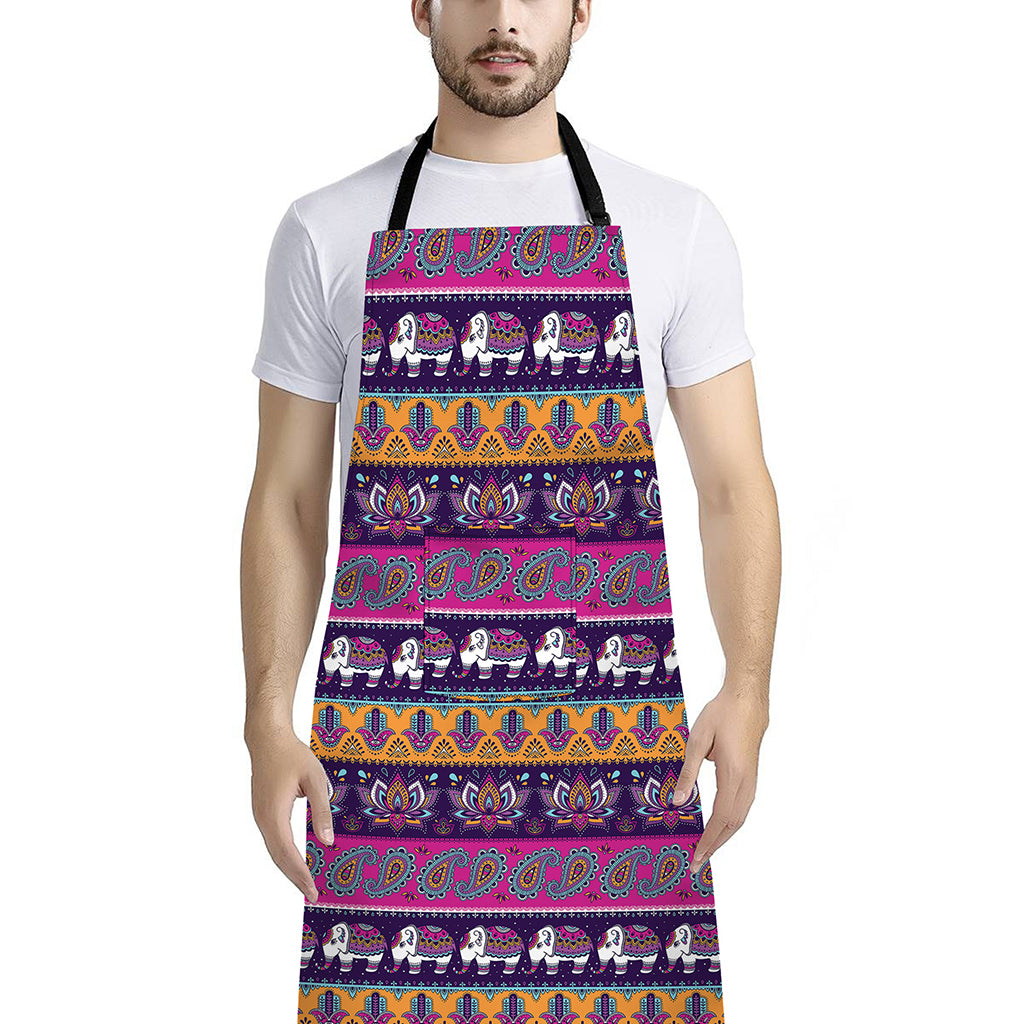 Paisley Elephant Hamsa Pattern Print Bib Apron With Pocket