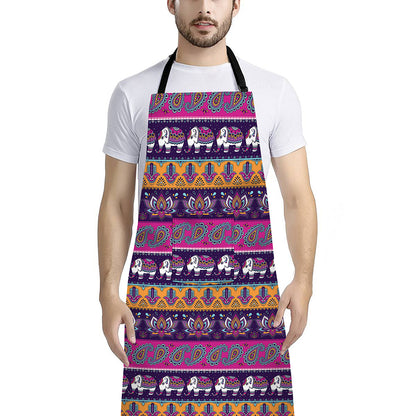 Paisley Elephant Hamsa Pattern Print Bib Apron With Pocket